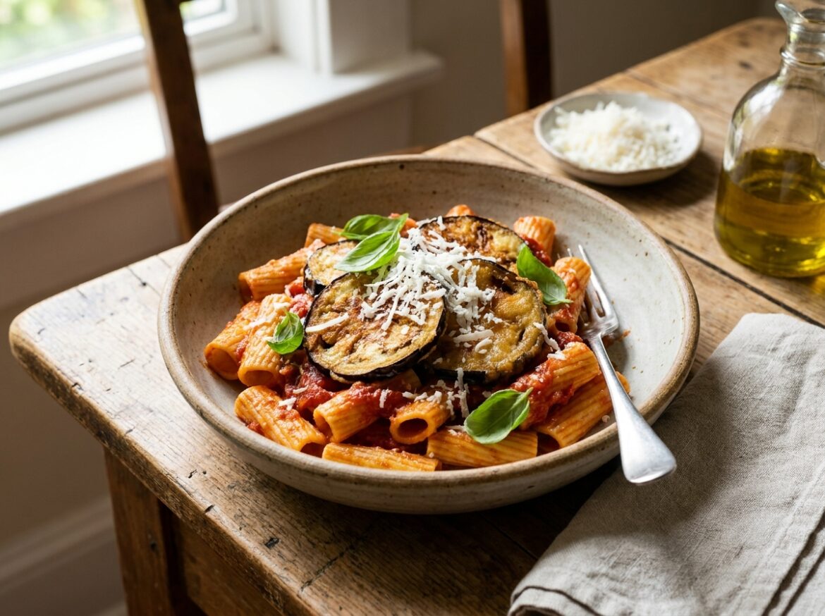 Bord rigatoni met tomatensaus, gebakken aubergineblokjes, geraspte ricotta salata en verse basilicum