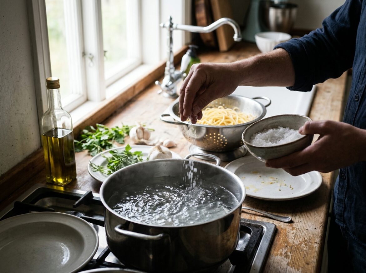 Pan met kokend pastawater en spaghetti die in zijn geheel onder water zakt